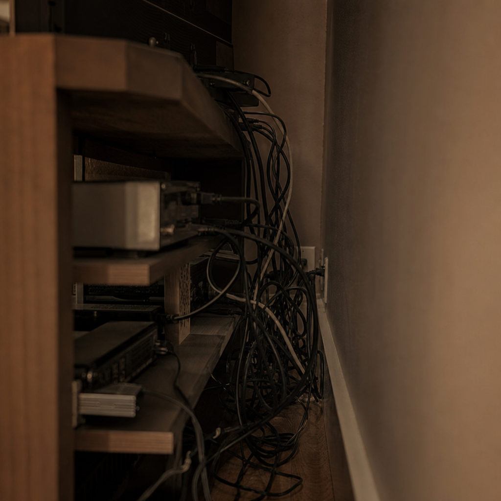 TV console cable mess example
