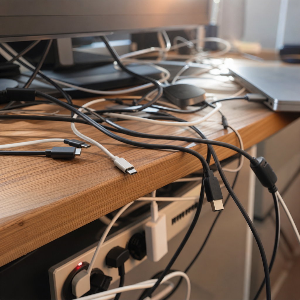 Desk setup cable mess example