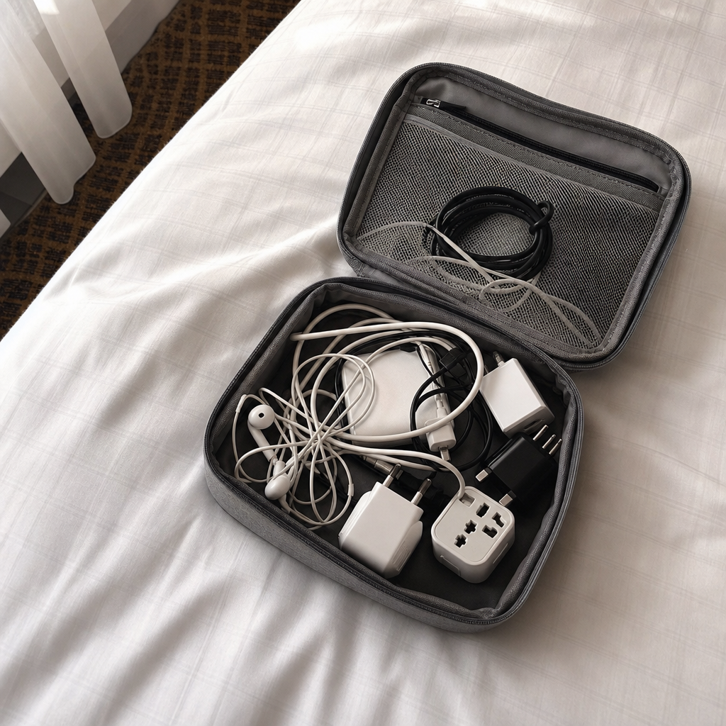 Travel pouch cable mess example