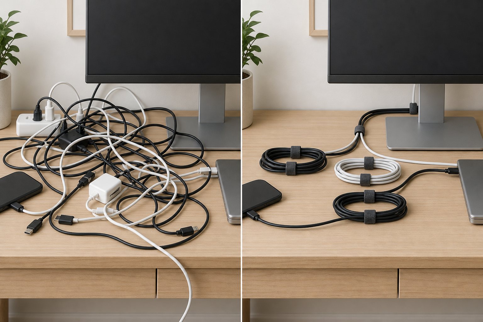 Split view of a messy desk setup before and a tidy desk setup after