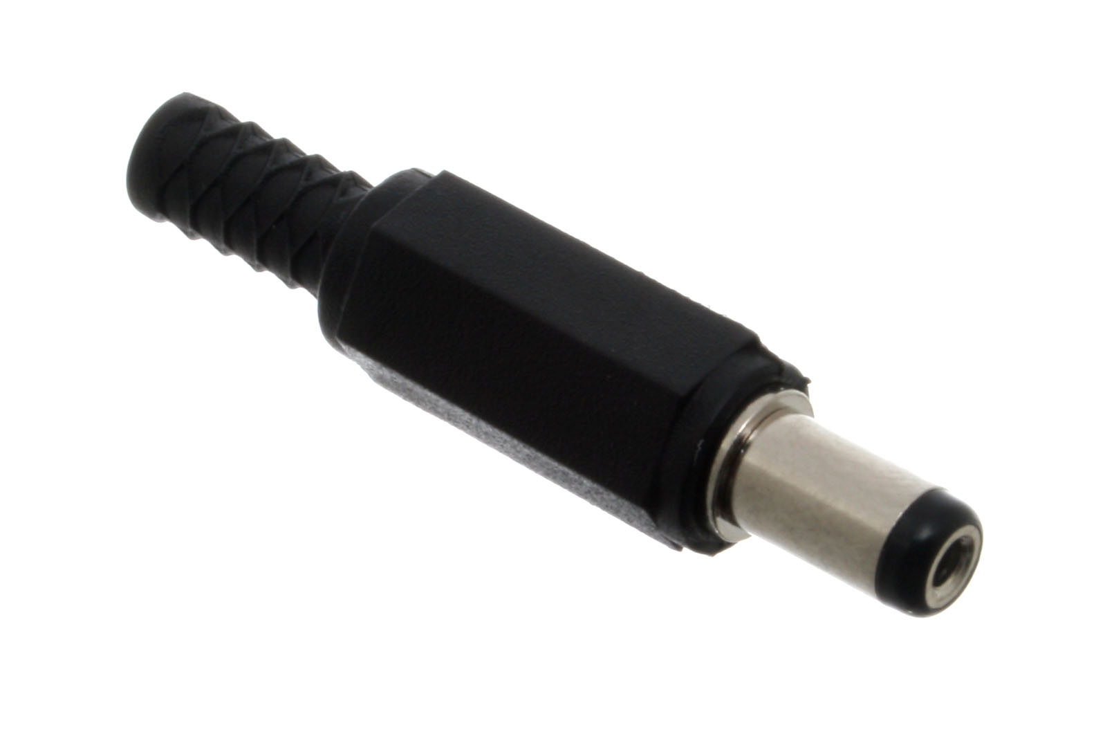 Photo of a 2.1 mm DC barrel power plug with its hollow end visible