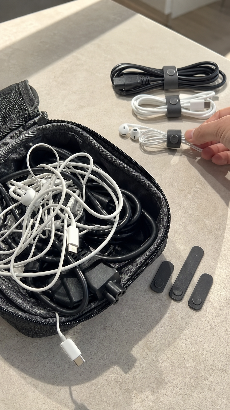Loose charger cables shown next to an organized Cloop bundle
