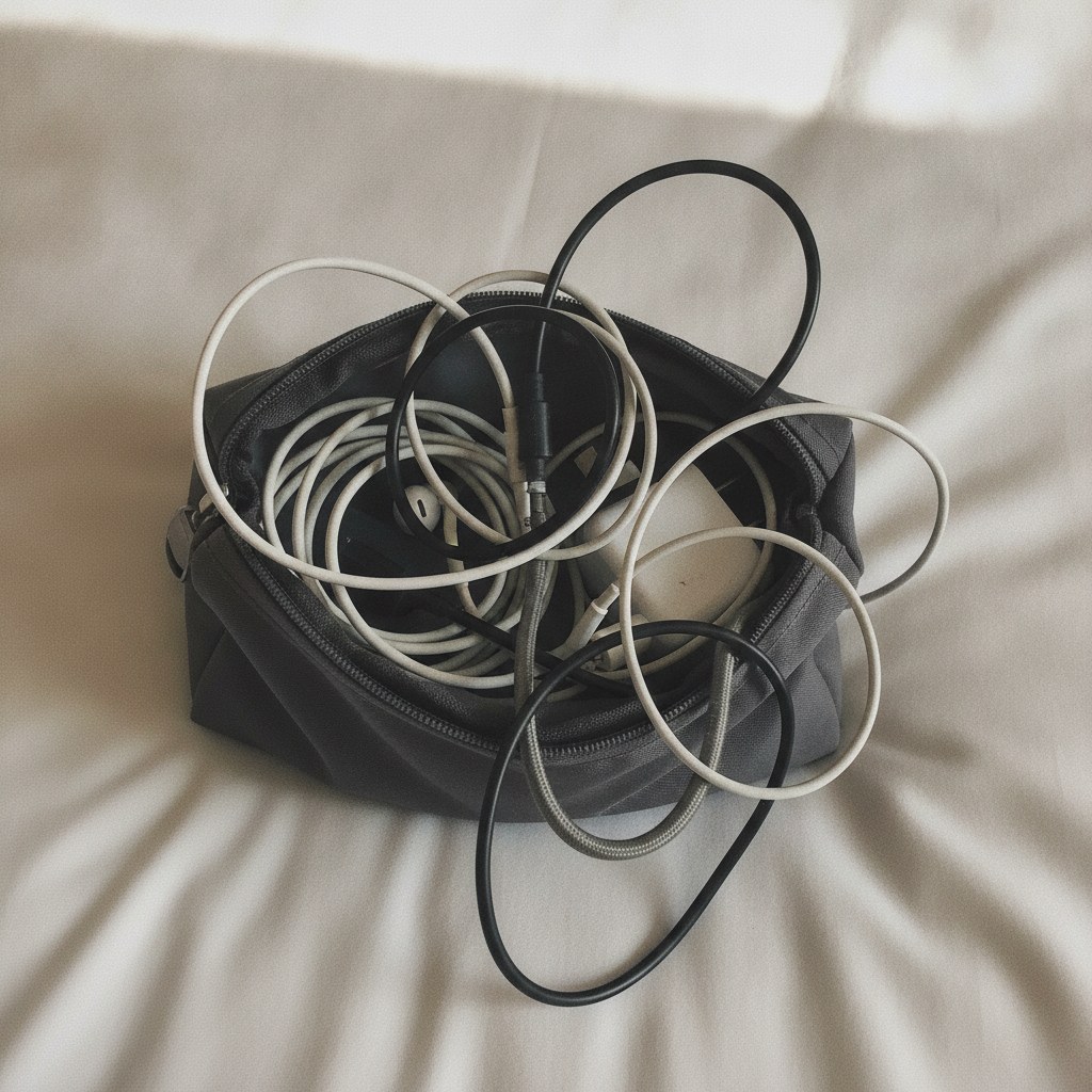 Grey cable pouch before and after organization — before