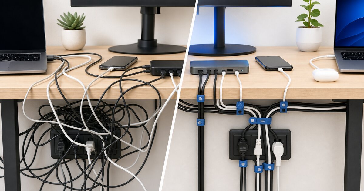 Loose desk cables before and after a cleaner organized setup