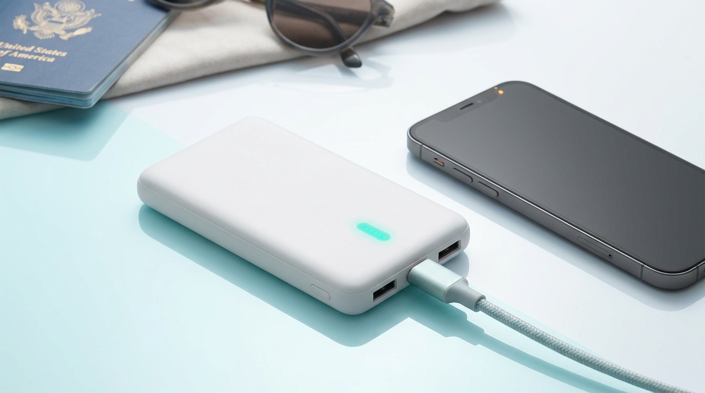 A slim white travel power bank with a teal charge indicator charging a phone, beside a passport and sunglasses